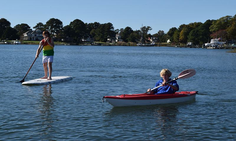People enjoying the water on a paddleboard and in a kayak